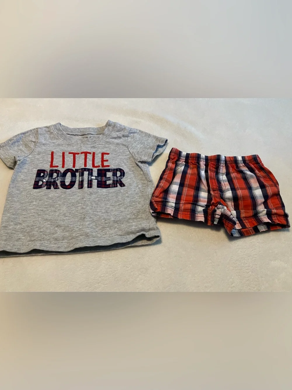 Light Gray “Little Brother” Shirt and Red Plaid Shorts
